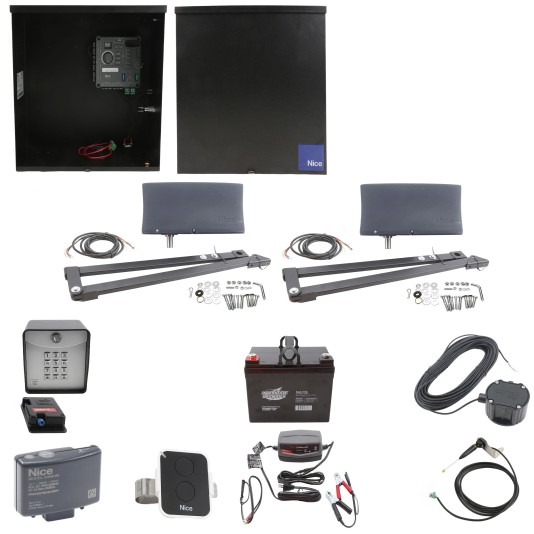 Nice Apollo Vanguard Heavy-Duty 3600 Dual Arm Swing Gate Opener Complete Package with 310 Control Board and 35 Ah Battery