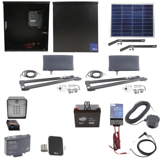 Nice Apollo Vanguard Heavy-Duty 3600 Dual Arm Swing Gate Opener Complete Package with 310 Control Board, 50W Solar Panel, and 35 Ah Battery