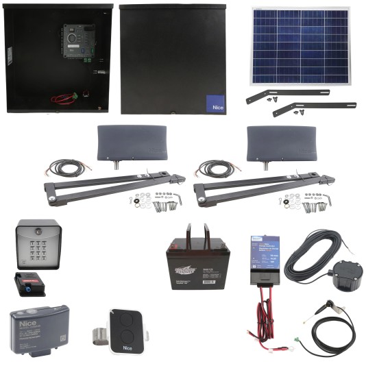Nice Apollo Vanguard Heavy-Duty 3600 Dual Arm Swing Gate Opener Complete Package with 310 Control Board, 50W Solar Panel, and 75 Ah Battery