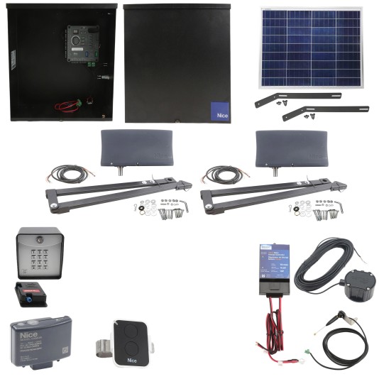 Nice Apollo Vanguard 3601 Dual 50W Solar Swing Gate Opener Full Package w/ 1050 Control Board, Photo Eye, Keypad, & Exit System