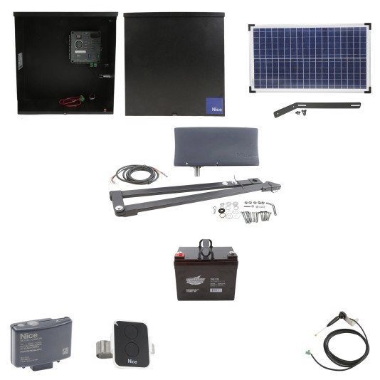 Nice Apollo Vanguard Heavy-Duty 3501 Single Arm Swing Gate Opener Package with 310 Control Board, 30W Solar Panel, and 35 Ah Battery