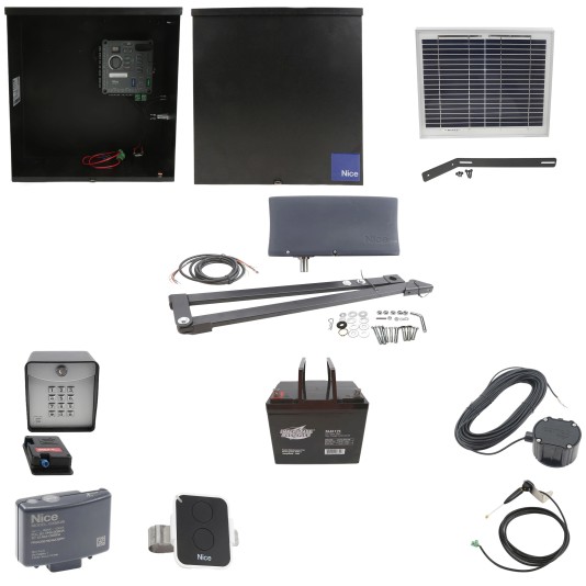 Nice Apollo Vanguard Heavy-Duty 3501 Single Arm Swing Gate Opener Complete Package with 310 Control Board, 10W Solar Panel, and 75 Ah Battery