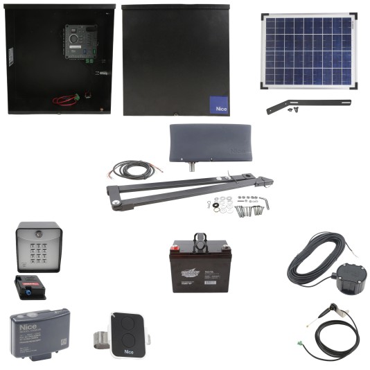 Nice Apollo Vanguard Heavy-Duty 3501 Single Arm Swing Gate Opener Complete Package with 310 Control Board, 20W Solar Panel, and 35 Ah Battery