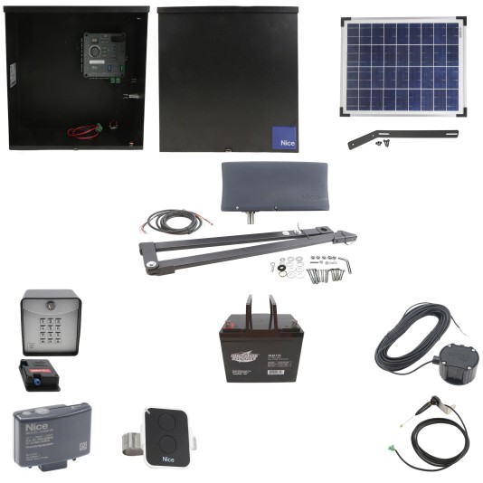 Nice Apollo Vanguard Heavy-Duty 3501 Single Arm Swing Gate Opener Complete Package with 310 Control Board, 20W Solar Panel, and 75 Ah Battery